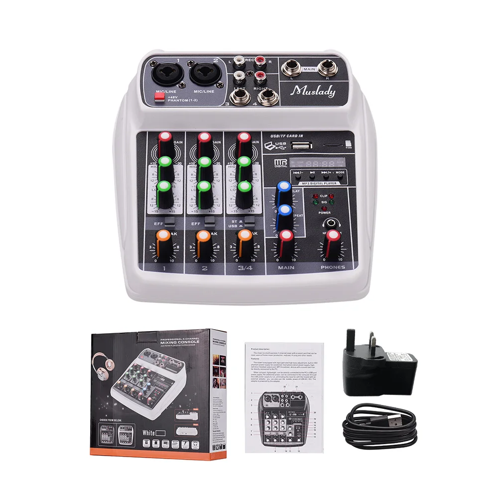 

Muslady AI-4 Compact Sound Card Mixing Console Digital Audio Mixer BT MP3 USB Input +48V Phantom Power for Music Recording