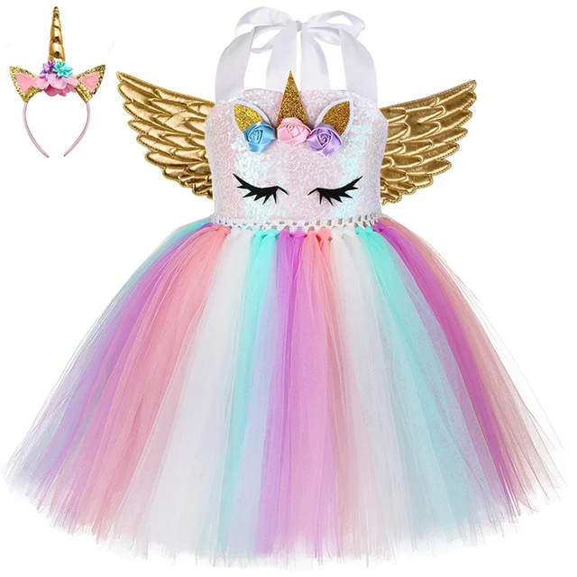 Kids World Book Day Unicorn Costume Girls Birthday Party LED Lights Sequin Rainbow Tutu Dress Shiny Princess Cosplay Costume style-B5