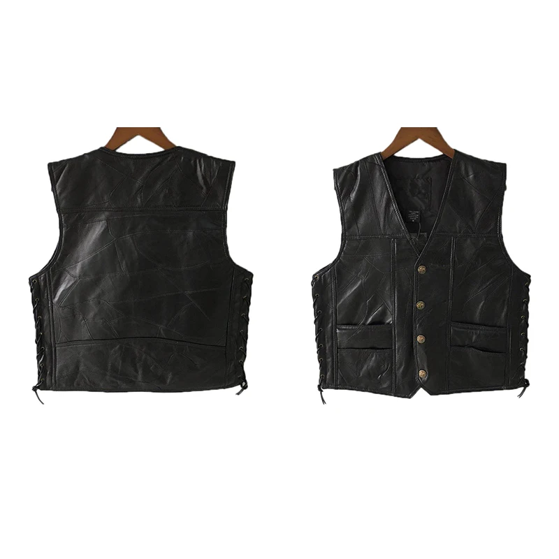 Black Leather Motorcycle Vest For Men Genuine Punk Biker Lace Button Autumn Sleeveless Jacket | Мужская одежда