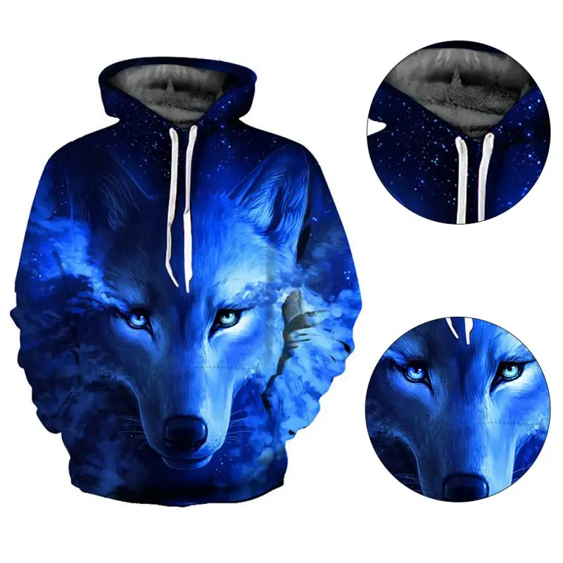  Men Athleisure Sweatshirts Loose Sport Hooded Hoodies Blue Rose Wolf 3D Print Sweatshirt S-3XL Hood