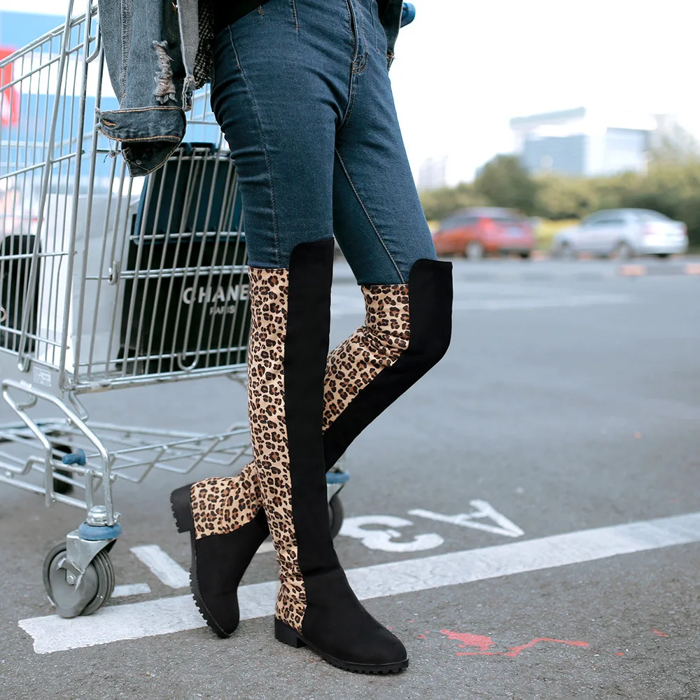 Botas Mujer/Новые осенне-зимние сапоги, большие размеры 34-43 женские леопардовые ботфорты выше колена на квадратном каблуке, WSH3479