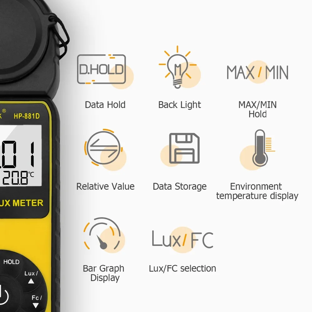 Новинка цифровой люкс метр HoldPeak 4000000 Люкс/FC выбор высокоточный Luxmeter ручной