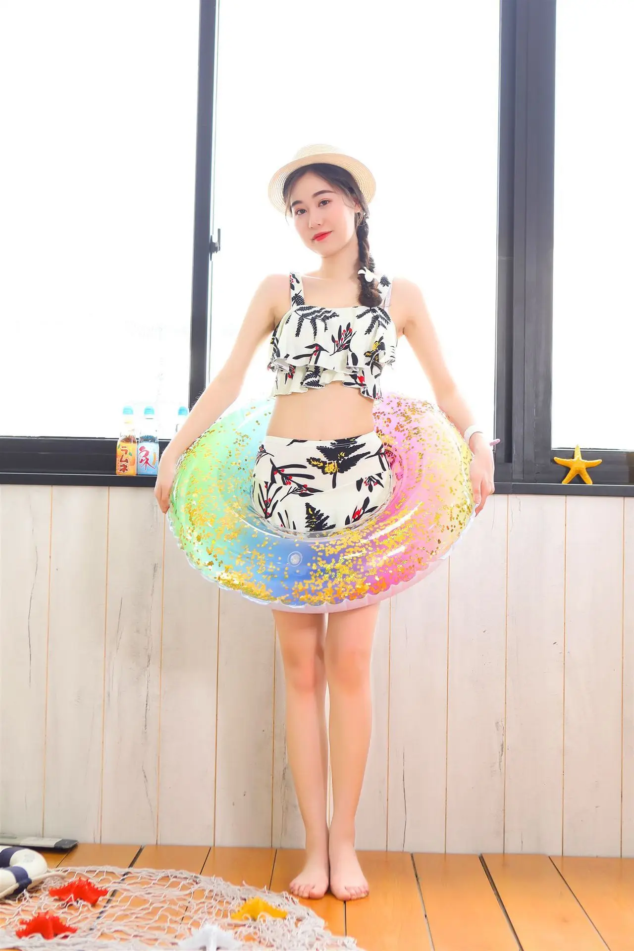 Gradient rainbow swim ring thick translucent water inflatable pool float