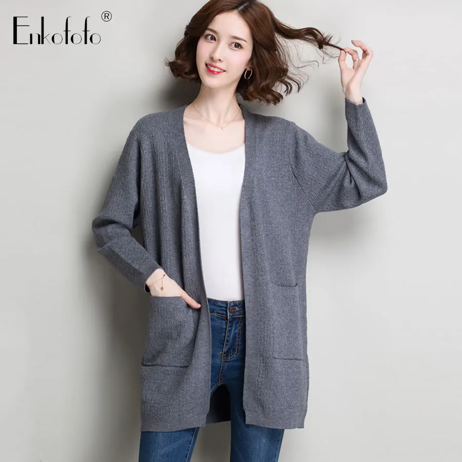 

Women Sweater 2019 Fashion Autumn Winter Wool Full Sleeve Pockets Loose Knit Cardigans Female Sweaters Long Cardigan Plus Size