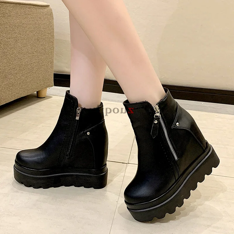 Botas Chelsea de piel negra para mujer, botines con cremallera y  plataforma, zapatos góticos Punk gruesos de felpa, otoño e invierno,  2021|Botas hasta el tobillo| - AliExpress