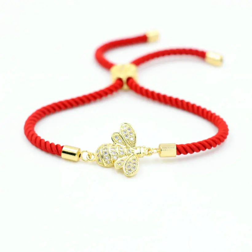 Милые медные микро циркониевые пчелиные браслеты для женщин, черная красная веревочная нить, чакра, браслет для мужчин, Lucky Femme, ювелирные изделия, подарок для любви - Окраска металла: red gold
