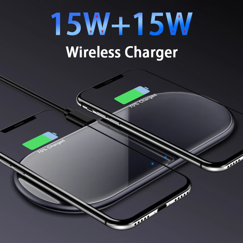 30W Qi Wireless Charger for iPhone 11 Pro X XS 8 Dual 15W Fast Wireless Charging Pad for Samsuang Huawei Xiaomi 2.5D Glass