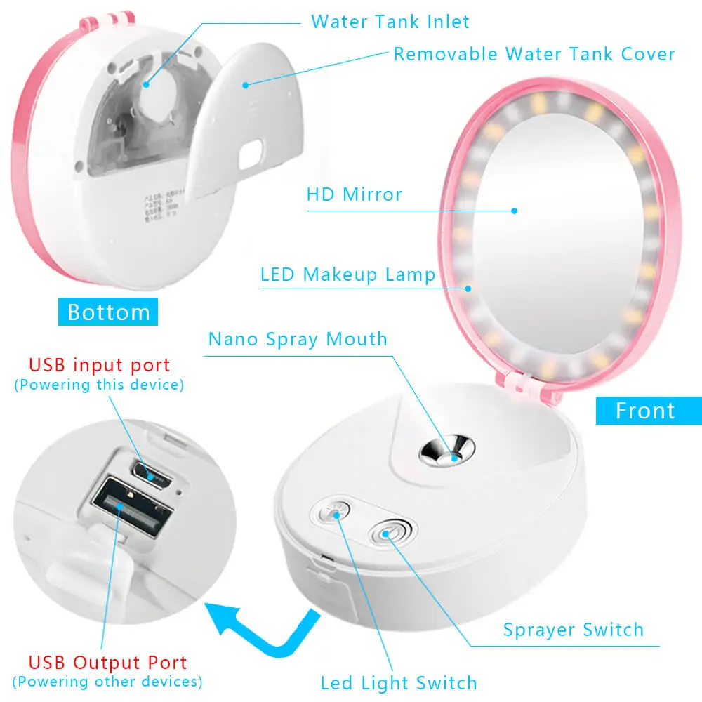 Светодиодный светильник-зеркало для макияжа, зарядное устройство USB, Карманный ручной мини-ионный Пароварка, косметический светильник для лица Mouisture, нано-распылитель SPA