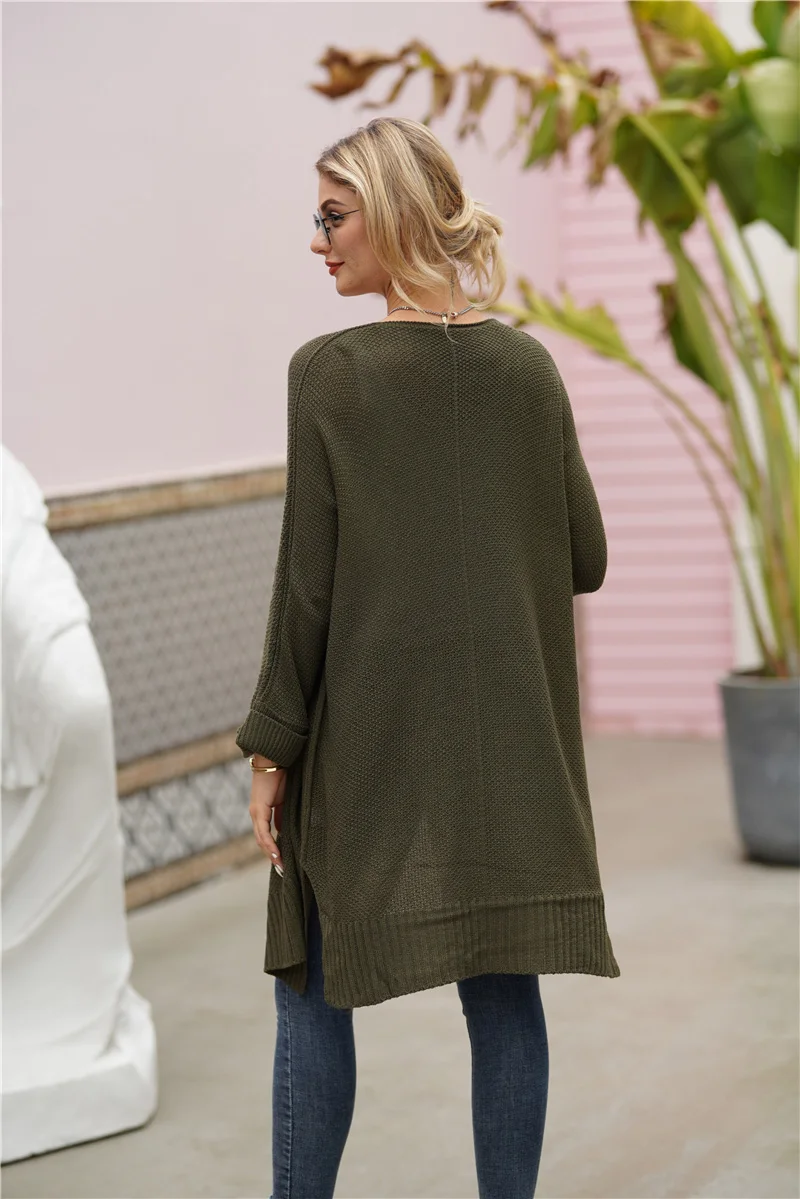 Fitshinling Boho длинный кардиган, зимнее пальто, Женский однотонный тонкий вязаный жакет с разрезом по бокам, женский корейский Кардиган, Свитер