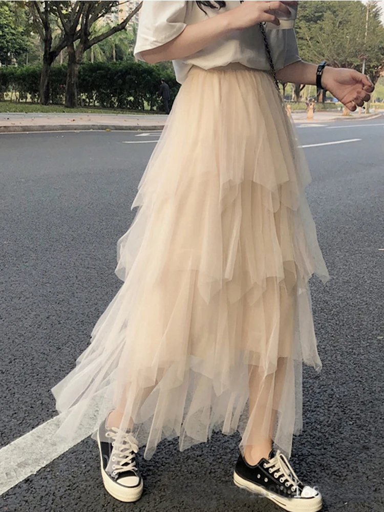 beige Сетчатая Пряжа юбка для торта для женщин Весна Лето Новинка корейский стиль Уайлд Высокая талия необычная юбка для женщин Faldas Mujer Moda - Цвет: beige
