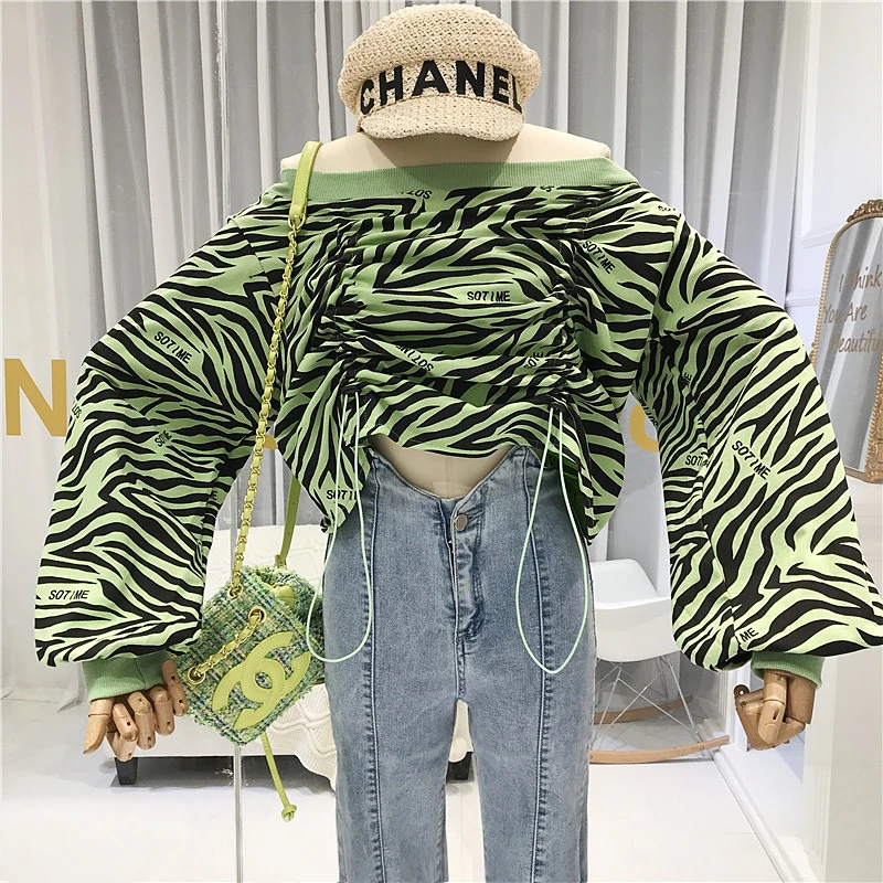 

Zebra Print Women Sweatshirt High Street Cotton Pullovers Slash Neck Designer Women Tops 2019 High Quality Woman Clothes