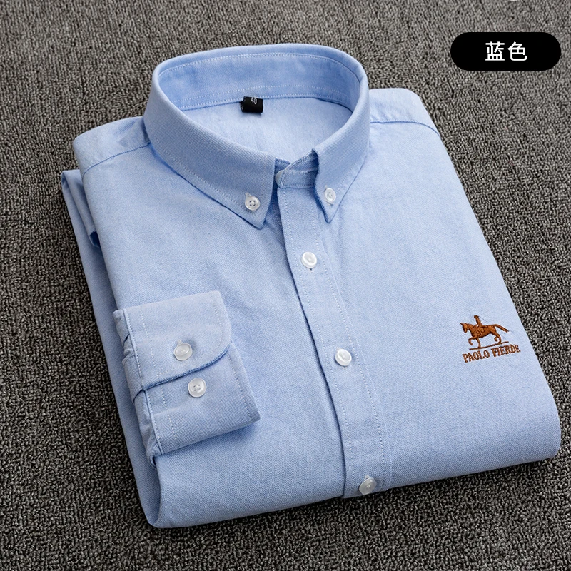 Мужская повседневная однотонная хлопковая рубашка с длинным рукавом, приталенная мужская деловая рубашка, брендовая мужская мягкая удобная одежда - Цвет: Blue