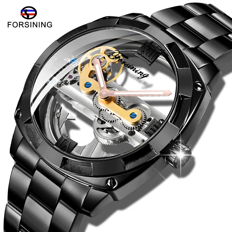 

New FORSINING Double Side Transparent Tourbillion Black Case Men's Mechanical Steampunk Skeleton Clock Luminous Waterproof Watch