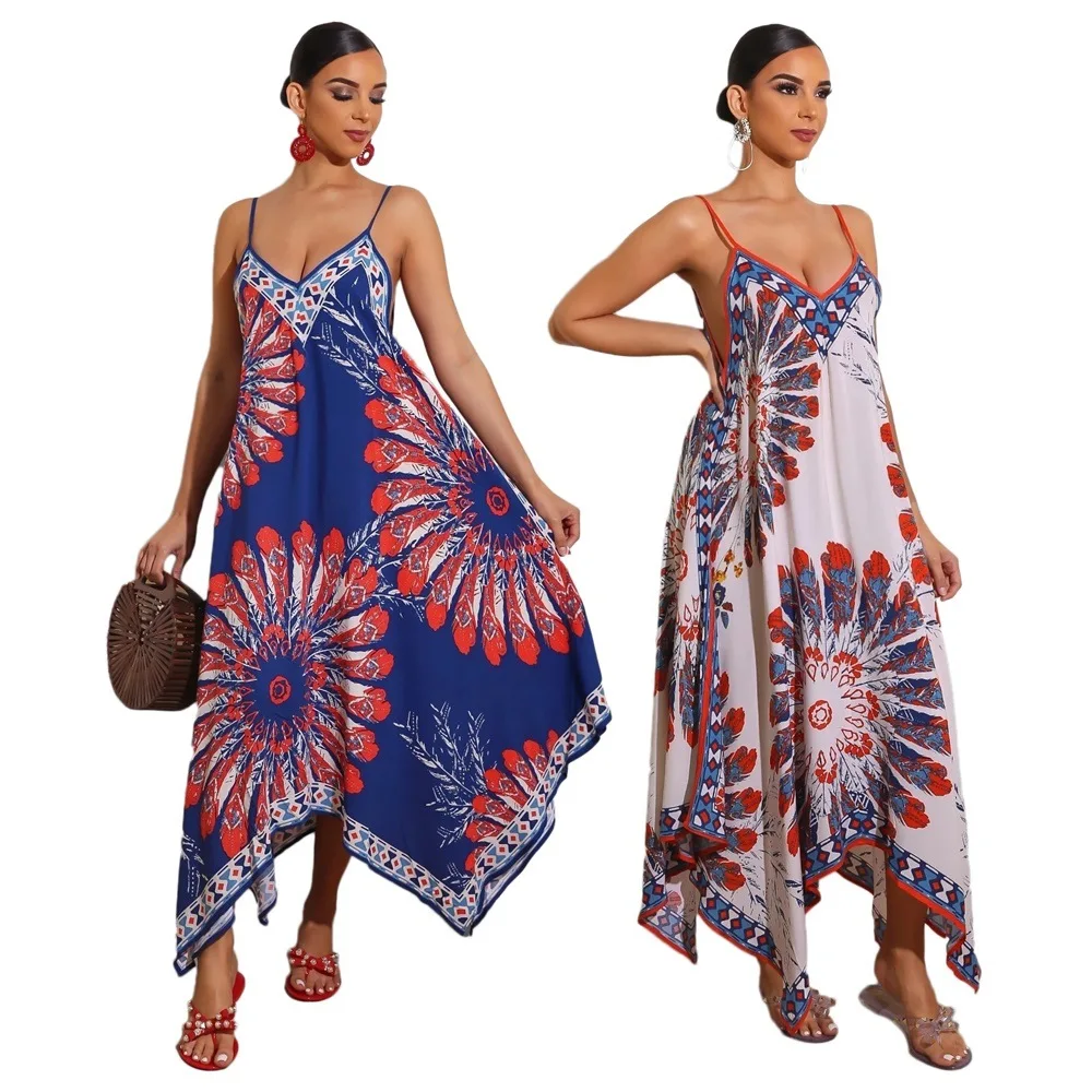 

New Arrival Summer Women Dress Hot Selling Solid-color Plaid Floral Print V-neck Spaghetti Strap Loose Style Maxi Dress