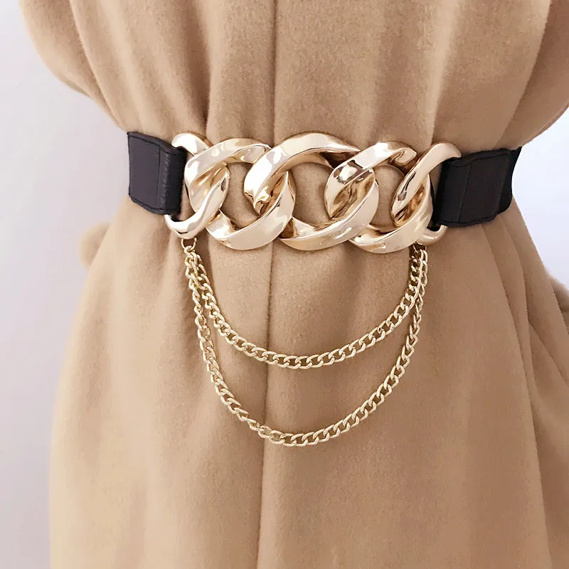 

Fashion Women Wide Belt Elastic Stretch Cinch Waistband Gold Buckle Metal Chain Ladies Cummerbunds Waistband For Female Dress