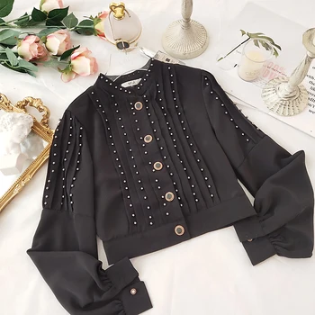 

New Spring Short Blouse Vintage Stand Collar Heavy Pearl Beads Long Sleeve Single Breasted Chiffon Shirt Top Female