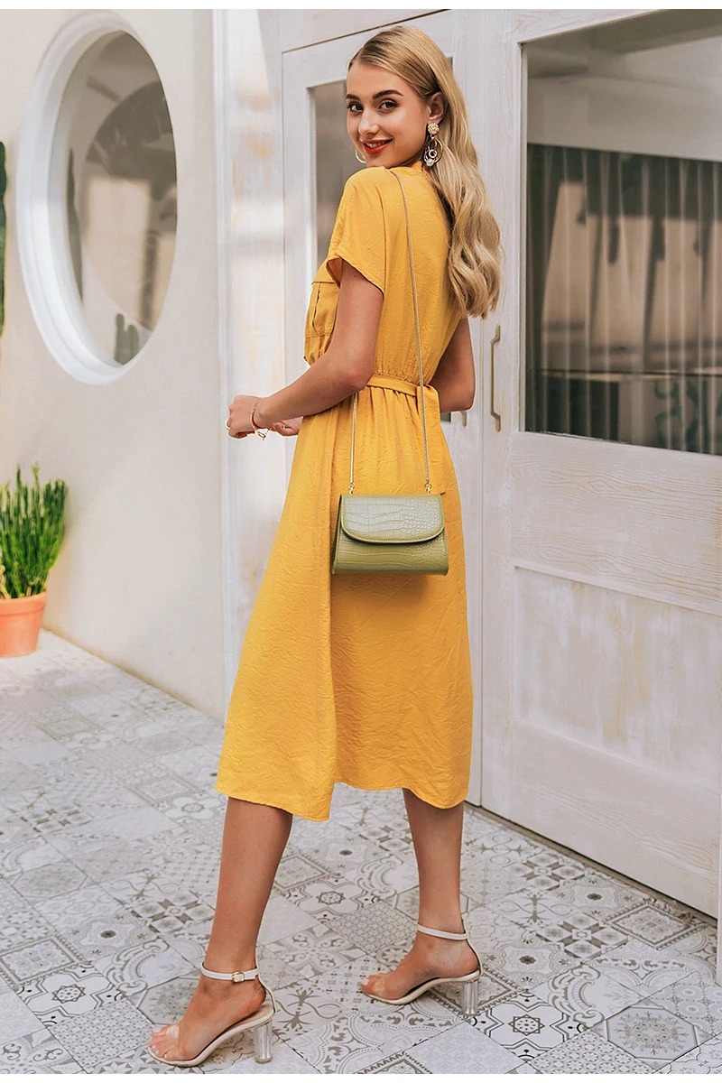 Simplee V-neck solid women dress Vintage elegant button belt midi summer dress Casual streetwear office ladies pockets dress