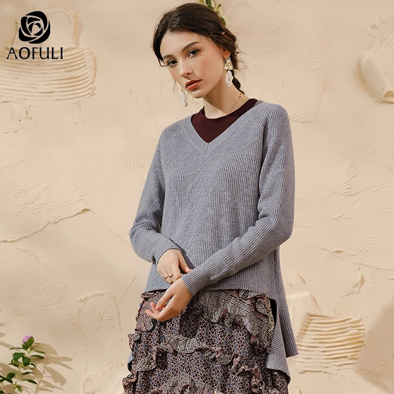 

L- XL 4XL 5XL Chic Plus Size Women Gray Sweater Knitted Pullover Crop Top Winter Long Sleeve Asymmetrical Knit Wear AOFULI A4112