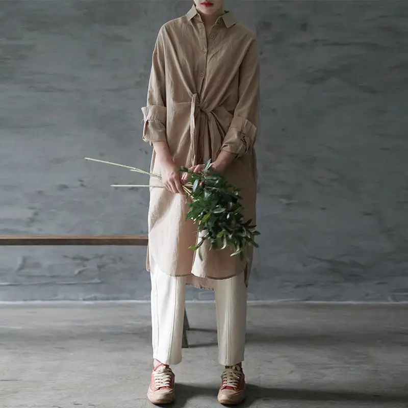 Johnature осенний свободный модный однотонный льняной кардиган с отложным воротником Новые простые удобные женские длинные рубашки - Цвет: Хаки