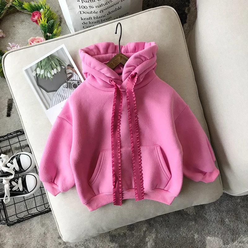 Красный WLG kids/Зимние толстовки с капюшоном для маленьких девочек; бархатная плотная толстовка; цвет бежевый, розовый, желтый; Теплая Повседневная одежда для детей 1-5 лет - Цвет: Красный