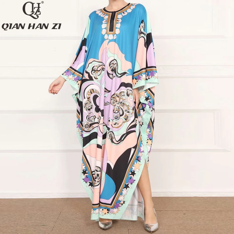 

Qian Han Zi 2020 designer fashion long Women dress vintage Amazing pattern printing Knitted stretch loose party maxi dress