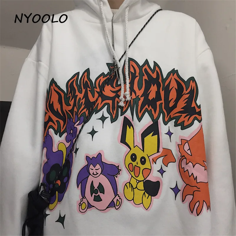 NYOOLO Harajuku стиль мультфильм буквы печати плюс бархат теплые толстовки Осень Зима Свободный пуловер толстовка с капюшоном для женщин мужчин