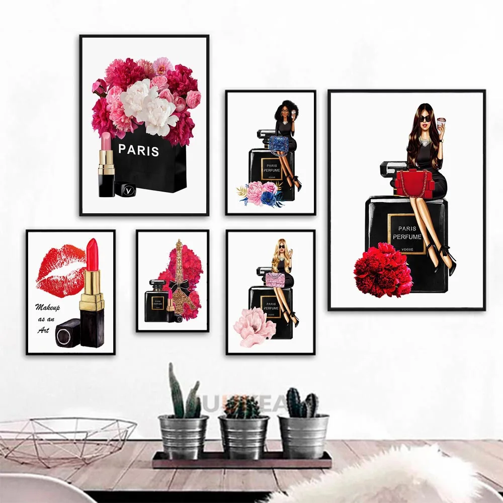 Vogue женский Париж духи помада цветок скандинавские плакаты и принты настенные художественные картины на холсте настенные картины для декора гостиной