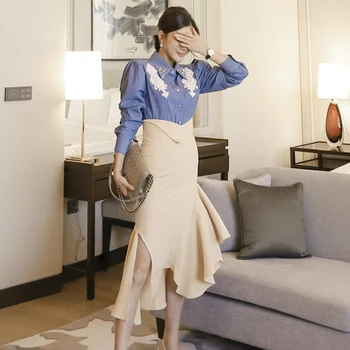 

2020 autumn Korean temperament denim beaded shirt jacket waist bag hip ruffle skirt suit women