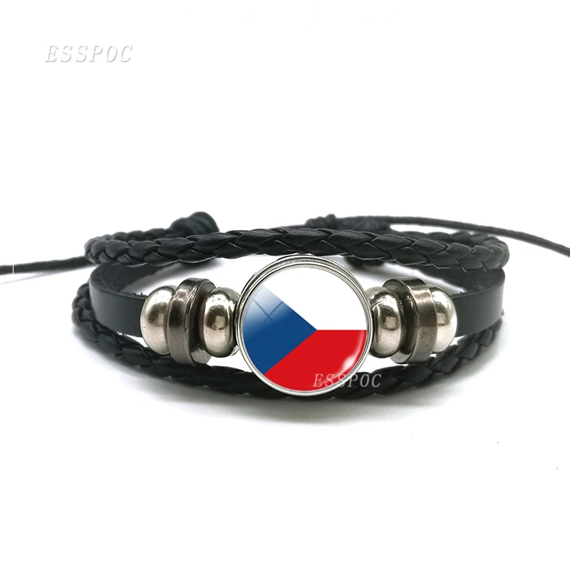 Czech Национальные флаги, Испания, Турция, США, очаровательный черный браслет на кнопке, Кожаные плетеные веревки, в стиле панк, для женщин и мужчин, подарок - Окраска металла: Czech