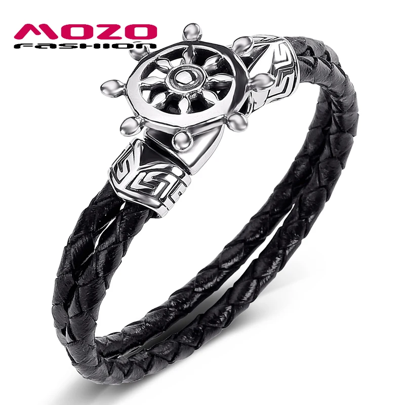 Male Fashion Jewelry Bracelet Black Double Layer Leather Stainless Steel Punk Boat Rudder Charm Simple Bangle PS1039