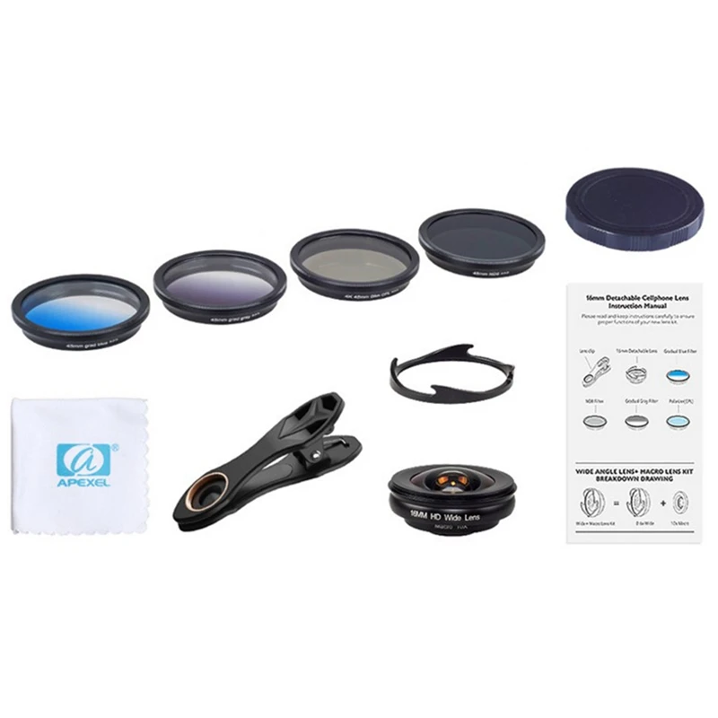 

FFYY-Apexel Phone Camera Lens Kit Hd Professional Wide Angle/Macro Lens With Grad Filter Cpl Nd Filter For Android Ios Smartphon