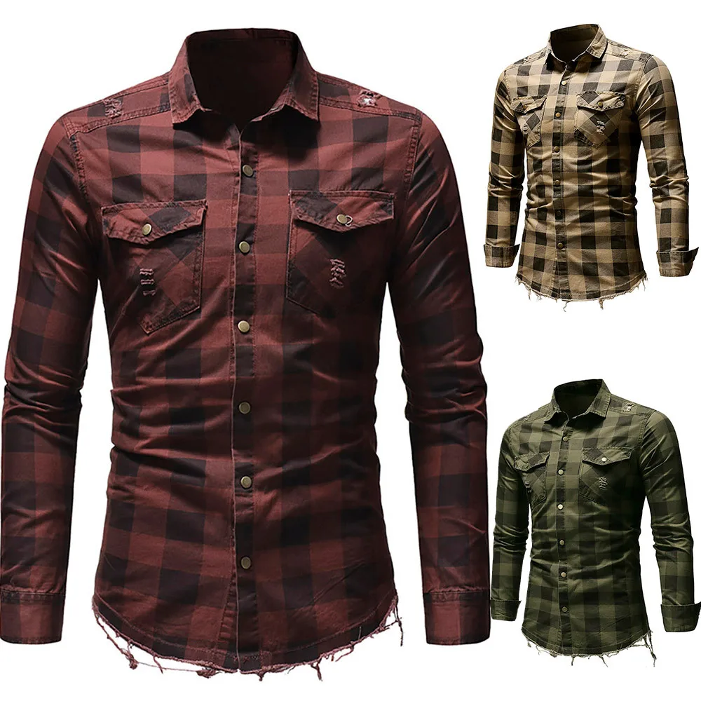 Клетчатая Мужская рубашка, лето, модная, облегающая, Chemise Homme, мужские клетчатые рубашки с длинным рукавом, ArmyGreen, рубашка, Мужская Блузка camisa