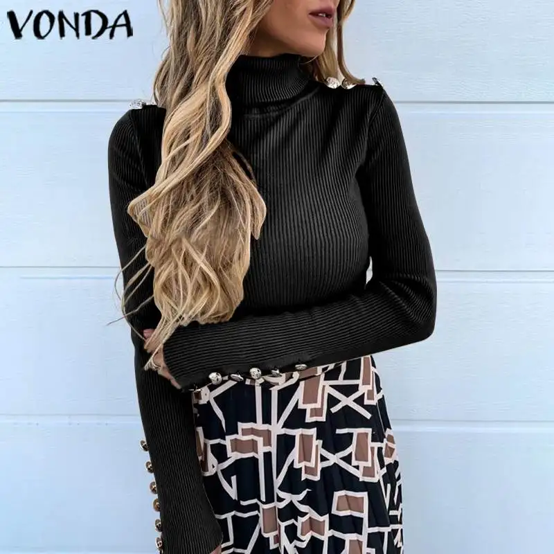 VONDA, женские свитера, вязанные пуловеры, повседневные, облегающие, длинный рукав, водолазка, вязанная блузка,, зима, осень, топ размера плюс