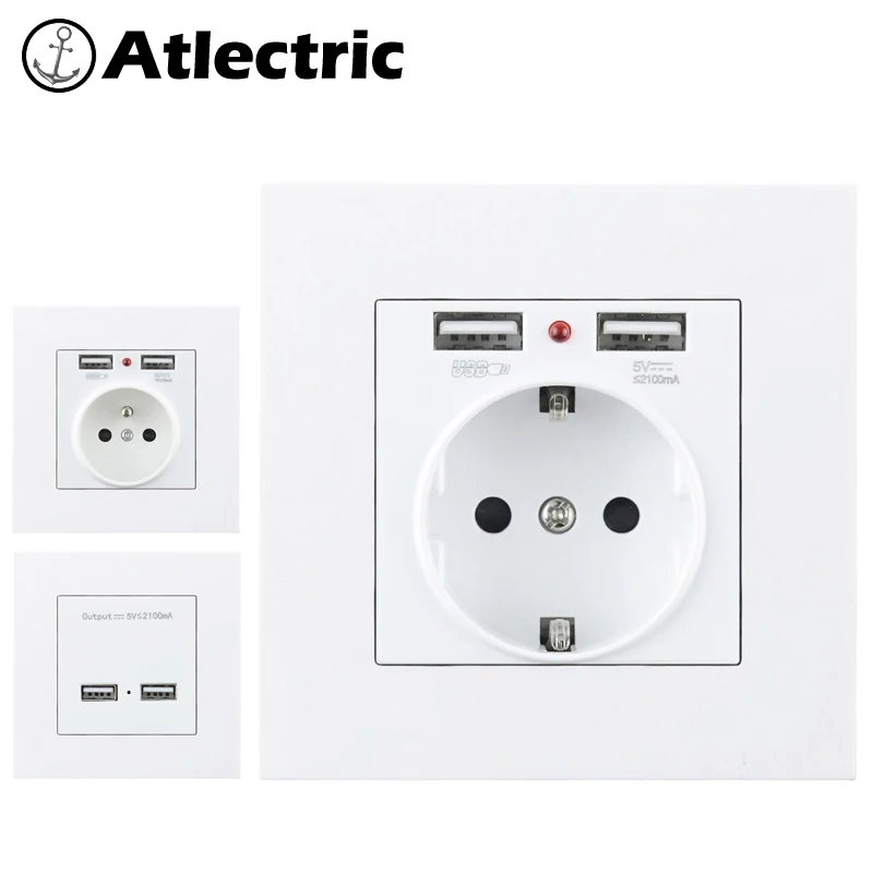 Atlectric 16A ЕС FR Французская клавиатура стандартная розетка питания ПК пластиковая панель розетка с двумя портами usb для мобильного телефона 86 мм* 86 мм розетка розетки,socket