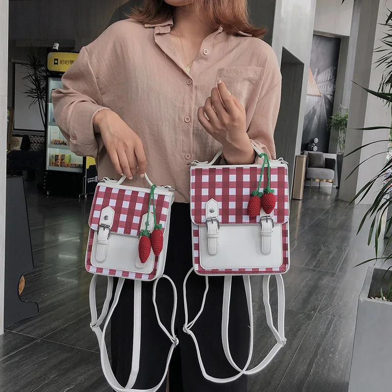 

2020 New Style Small CK WOMEN'S Backpack Korean-style Fashion INS Joint Contrast Color Strawberry Plaid Backpack Shoulder Bag