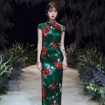 

Women Novelty High Split Green Satin Qipao Vestidso Classic Print Flower Long Cheongsam Mandarin Collar Evening Party Dress