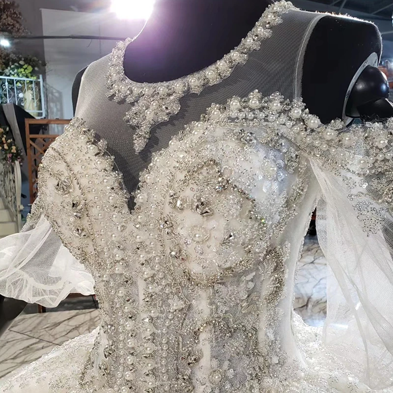 HTL1984 Elegant Extravagant Sequin Crystal Pearls Wedding Dress 2020 V-Neck Short Puff Sleeve Lace Up Back 4