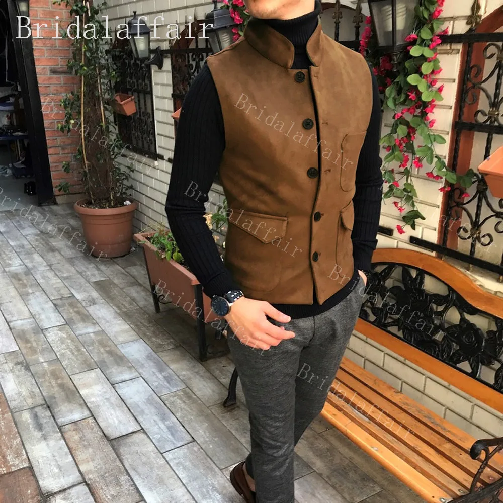 Bridalaffair мужской костюм жилет высокого качества бархатный коричневый приталенный мужской жилет для делового костюма для свадебных женихов 16 цветов больше - Цвет: brown