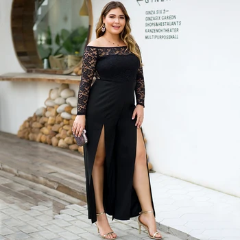 

Wipalo Plus Size Off Shoulder Lace Long Sleeve Party Bodysuit Sexy Women High Waist Split Wide Leg Romper Women Solid Jumpsuits