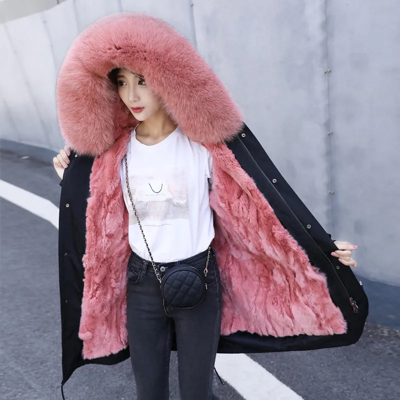 Longer Parka Зимняя женская куртка из натурального меха и пальто Длинная парка натуральный Лисий меховой капюшон, воротник, Толстая теплая подкладка из натурального меха кролика - Цвет: Longer Parka