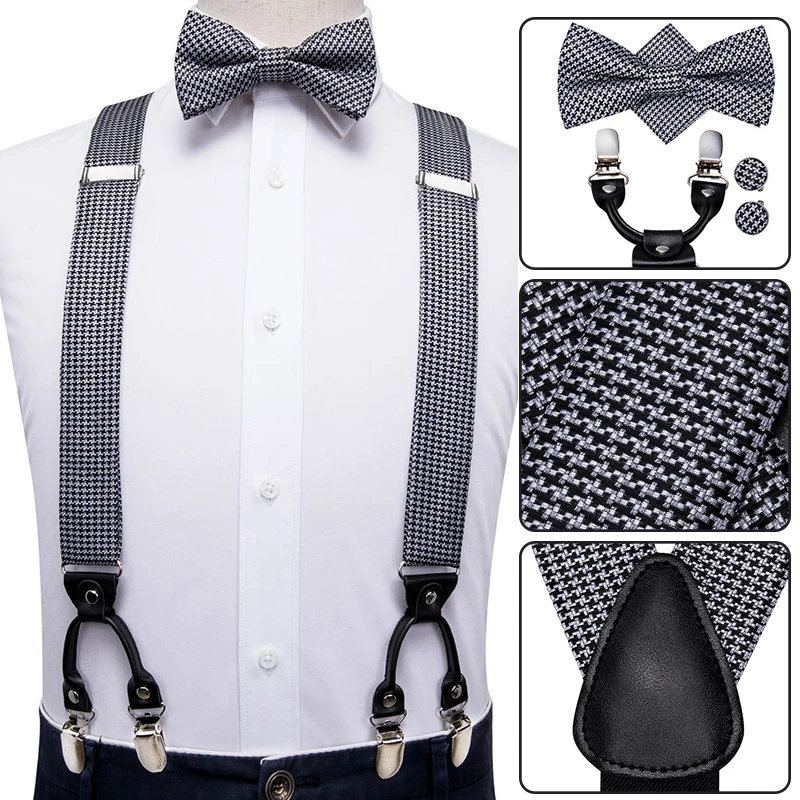 Hi-Tie, шелковые, для взрослых, мужские подтяжки, набор, кожа, металл, 6 зажимы подтяжек, золотые, коричневые, цветочные, винтажные, мужские, эластичные, свадебные подтяжки