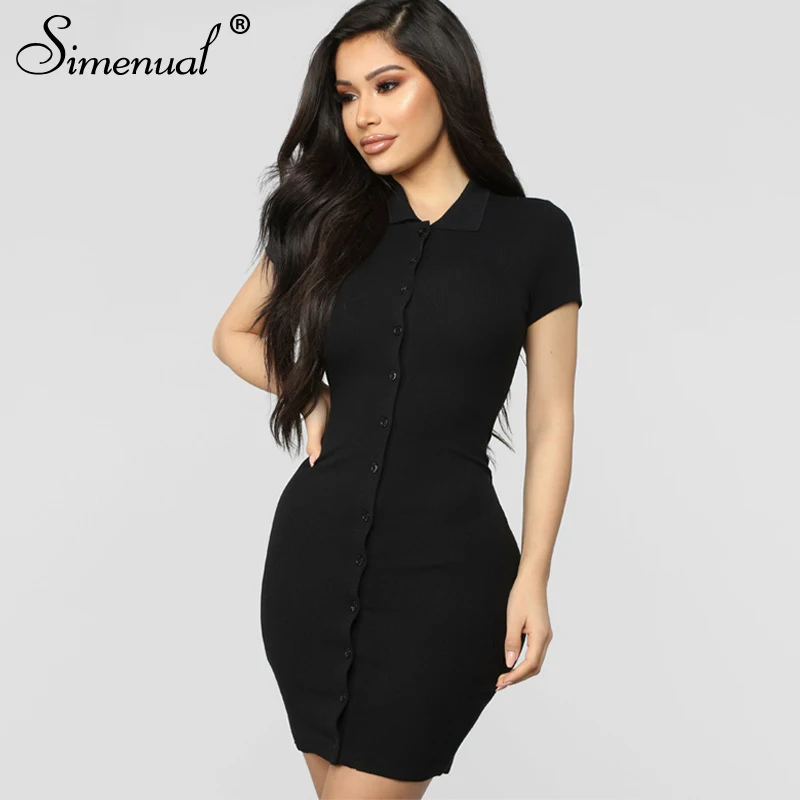 Simenual Ribbed Button Bodycon Mini Dress Women Short Sleeve Solid Fashion Skinny Clubwear 2020 Summer Dresses Casual Slim Basic