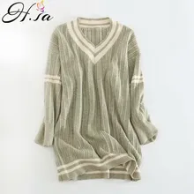H. SA женский корейский стиль длинный свитер и пуловеры v-образный вырез Повседневные вязаные платья негабаритные пуловеры бежевый вязаный свитер Зима