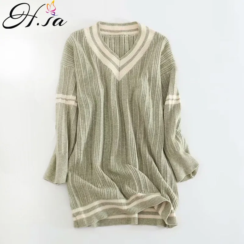 

H.SA 2019 Women Korean Style Long Sweater and Pullovers V neck Casual Knit Dresses Oversized Pull Sweaters Beige Knitwear Winter