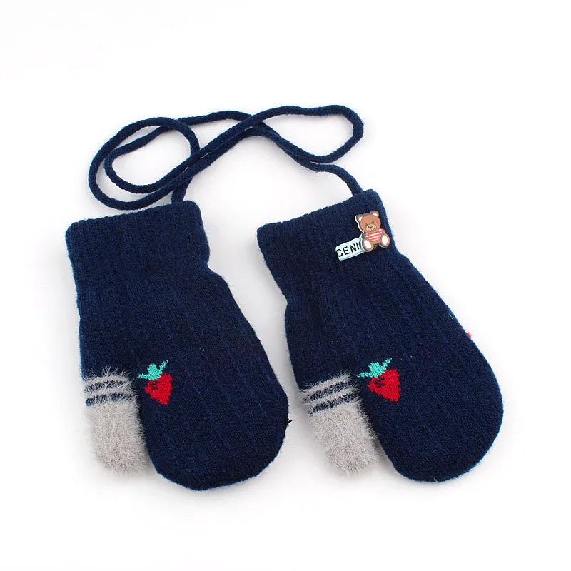 Зимние Детские перчатки унисекс; теплые милые детские вязаные перчатки с клубничкой; сезон осень-зима; утепленные варежки для девочек и мальчиков; для верховой езды - Цвет: XS Navy Blue