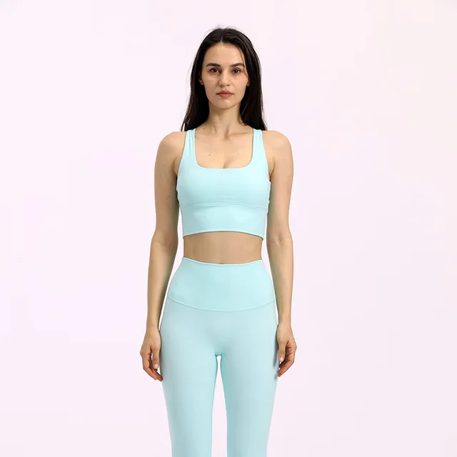 Lulu High Quality Fitness Bra Women Gym Tank Top Butter Soft  Cross Back Yoga Vest Athletic High Impact Brassiere With Chest Pad Mint blue