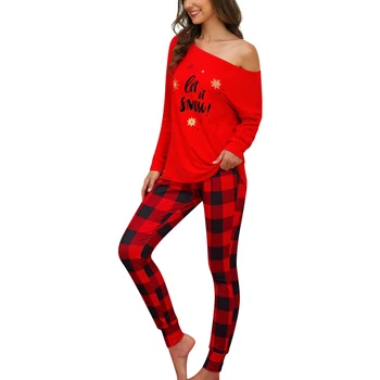 

X 2019 Winter Christmas New Loose Irregular Off-shoulder Print Tops+Plaid Pants Christmas Pajamas 2PCs Set Women For Home