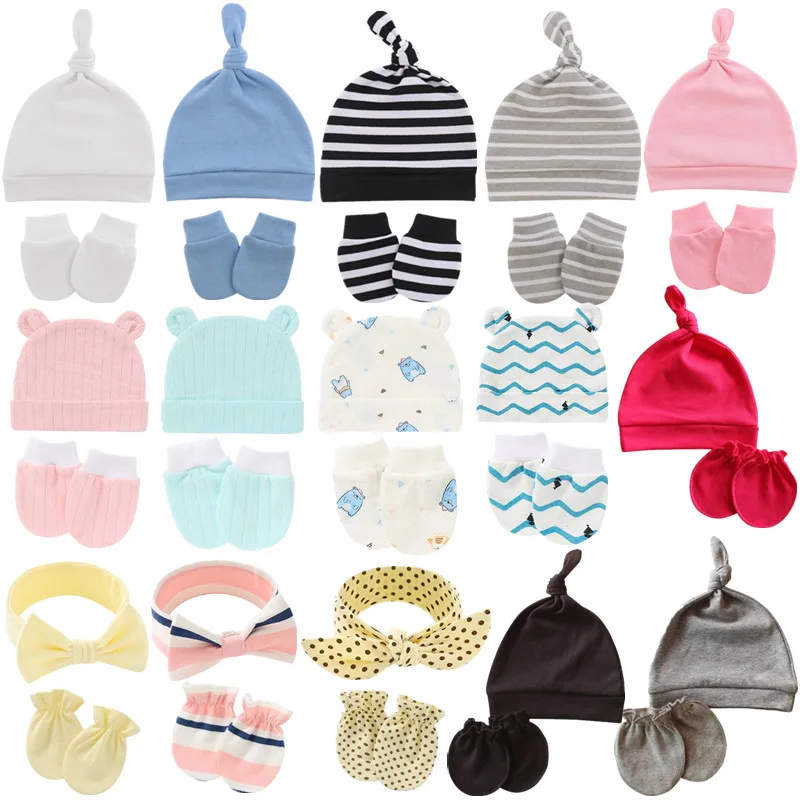 KLV 1 set Baby Anti-scratching Gloves Knotted Hat Set Soft Cotton Newborn Face Protection Mittens Warm Beanie Cap Baby Bonnet