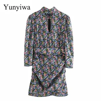 

2020 Women Vintage Floral Print Slim Pleated Mini Dress Elegant Ladies Puff Sleeve Vestidos Chic Casual Hole Party Dress