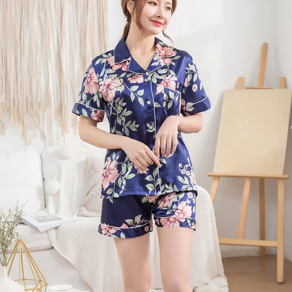 

Button Pajamas Sets Women Sleepwear Short Sleeve Summer Pyjamas Satin Sleep Set Homewear Turn-down Collar Print Casual Nightwear